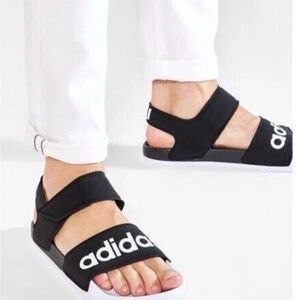 adidas Adilette Women’s Flat Black and White Logo Strap Sandals